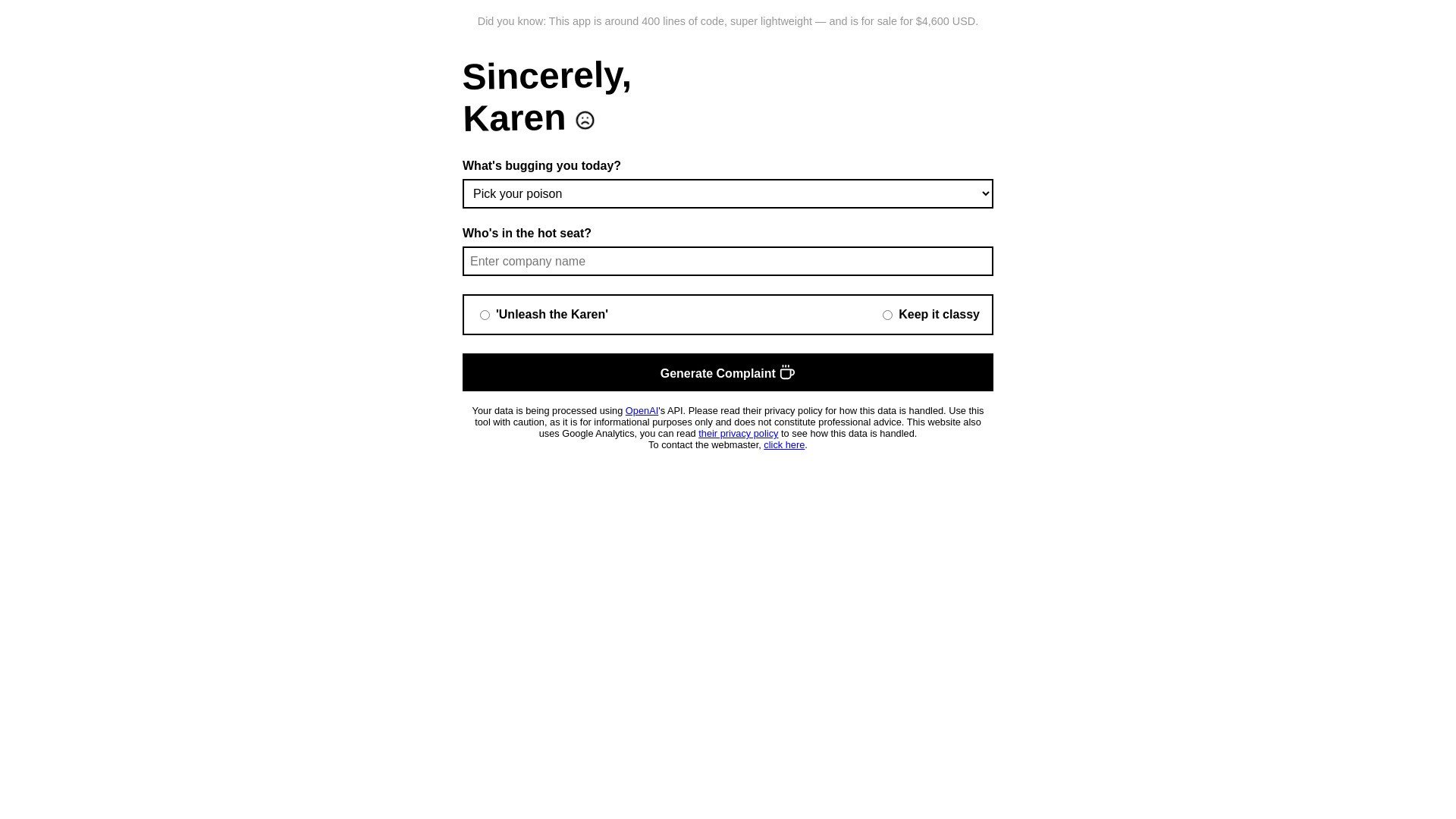 Sincerely Karen: Complaint Generator 截图