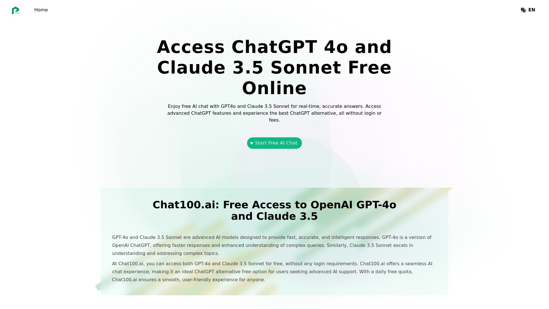 Chat100.ai: Free ChatGPT 4o and Claude 3.5 Sonnet 截图