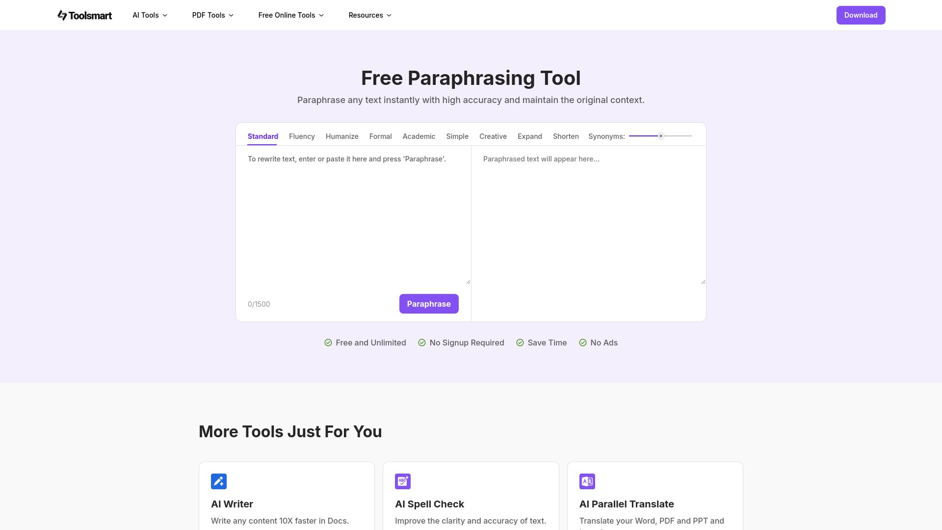 Free Paraphrasing Tool-Toolsmart 截图