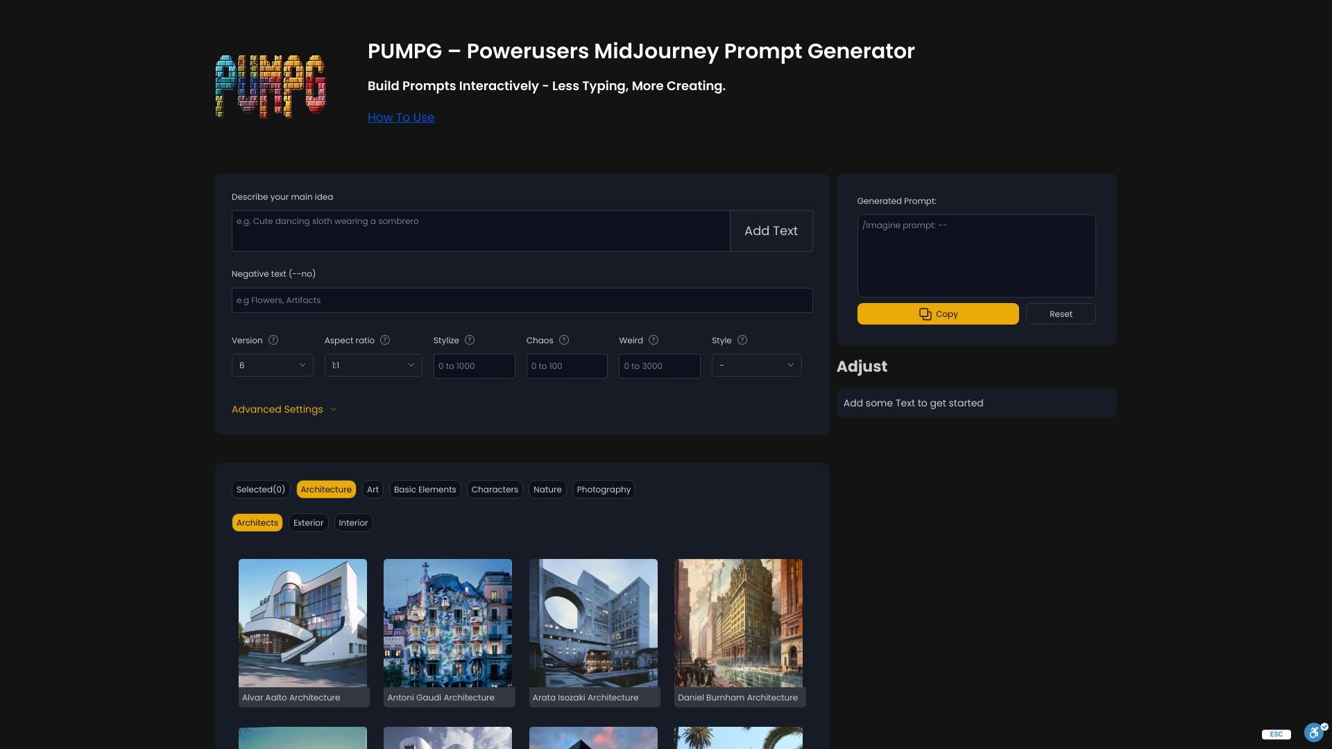 PUMPG - Midjourney Prompt Generator 截图